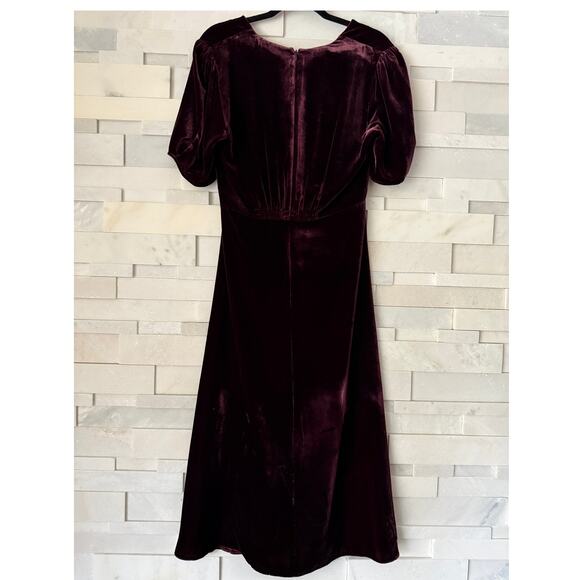 KACHEL BY ANTHROPOLOGIE Silk Velvet V-neck Short Sleeve Midi Dress 12 Burgundy - Picture 2 of 7